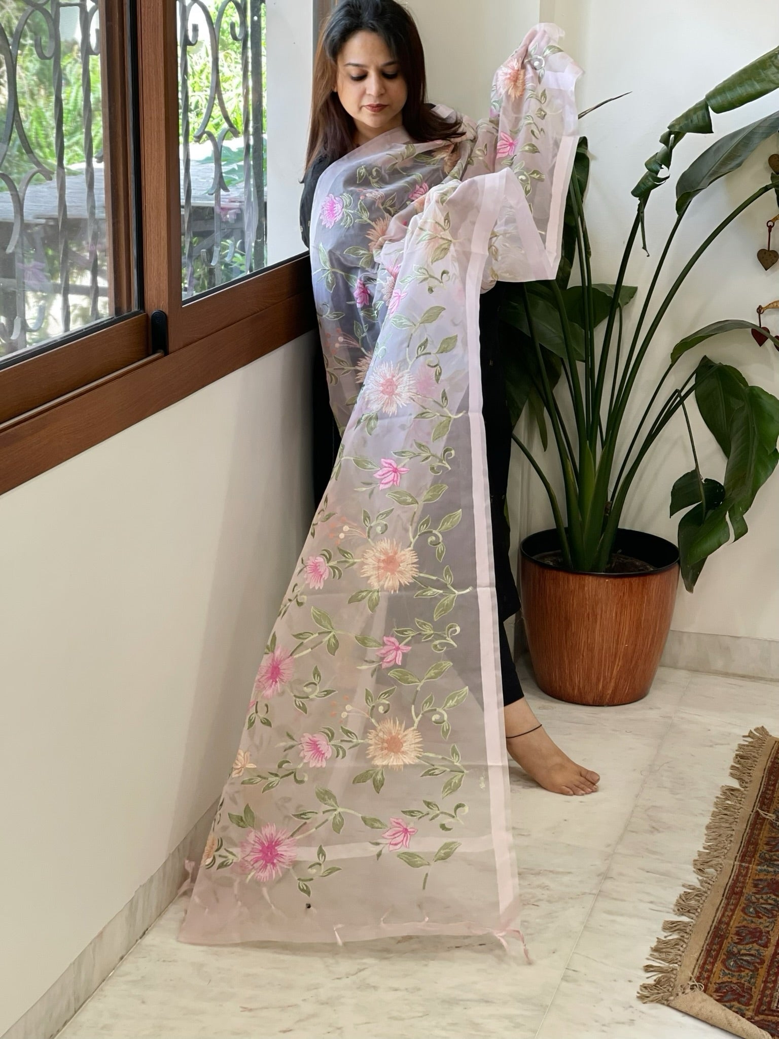 Yellow Organza Dupatta with thread embroidery - Masakalee