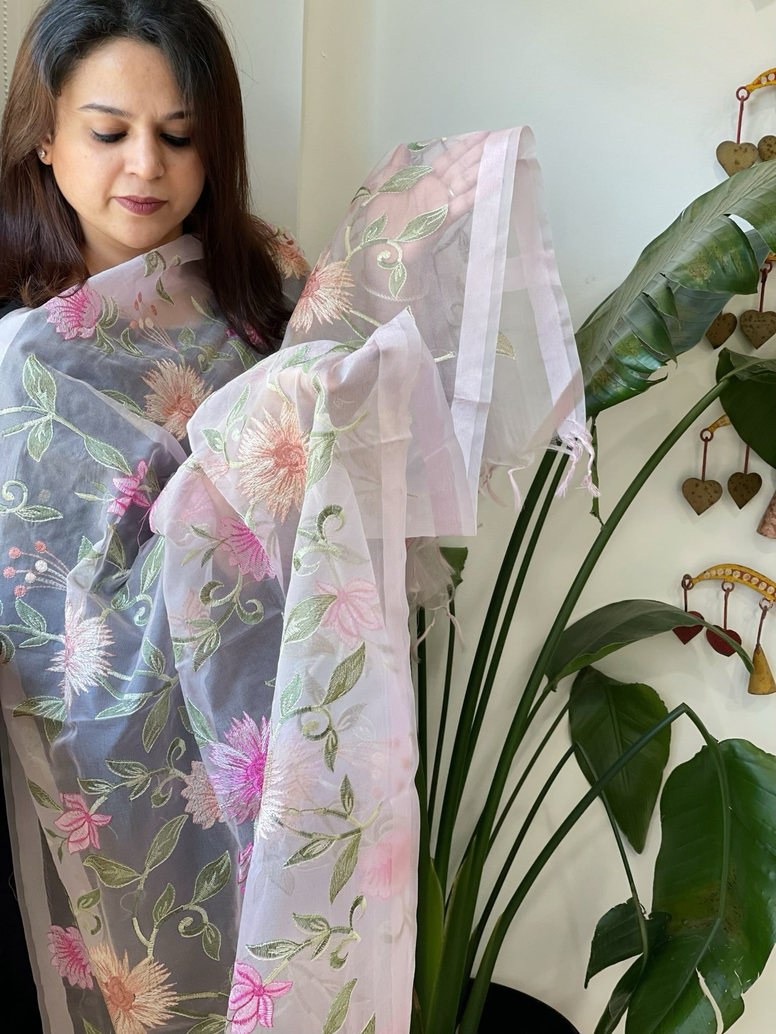 Yellow Organza Dupatta with thread embroidery - Masakalee