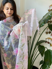 Yellow Organza Dupatta with thread embroidery - Masakalee