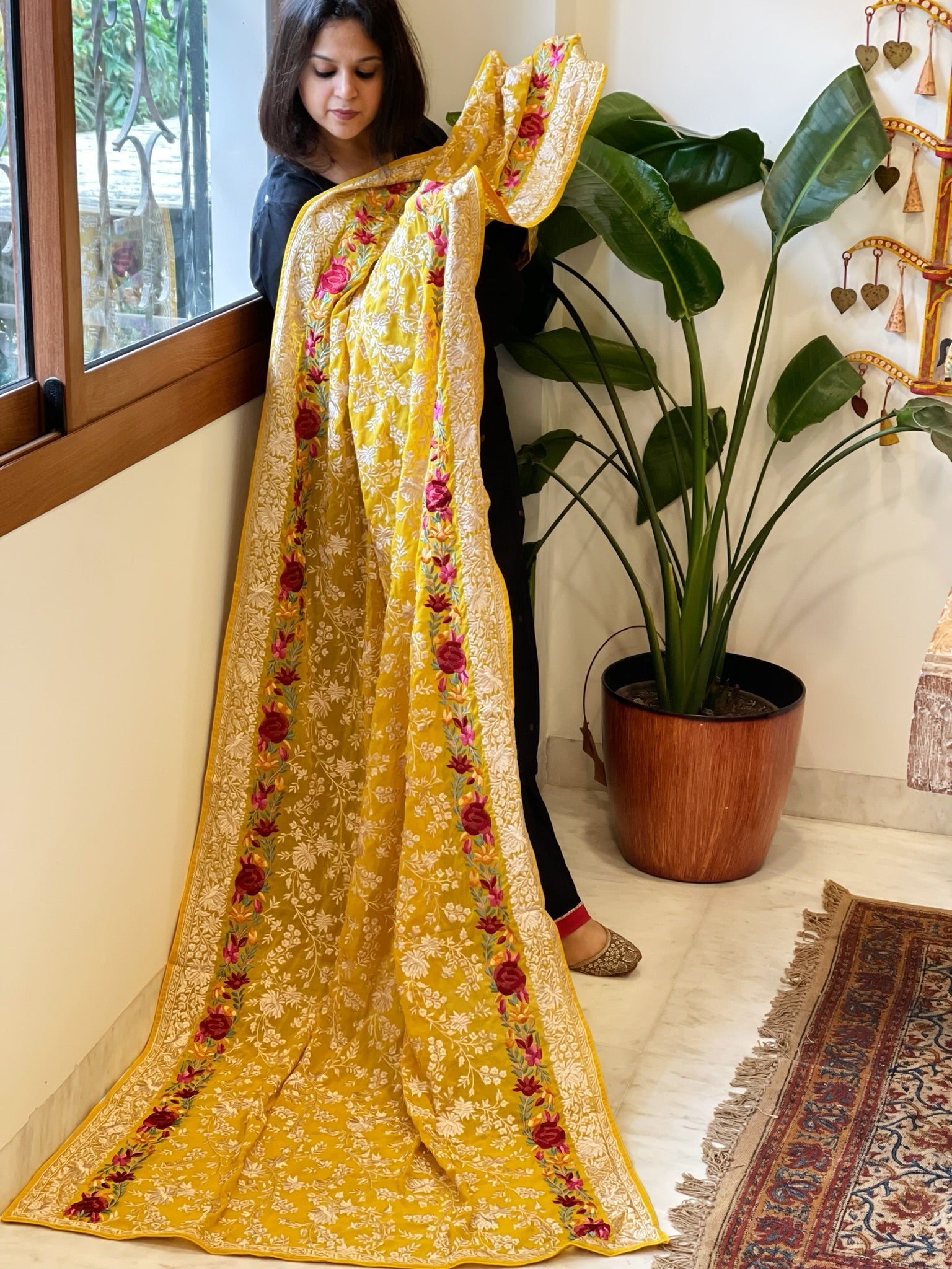 Yellow Parsi Gara Embroidery Dupatta in Georgette - Masakalee