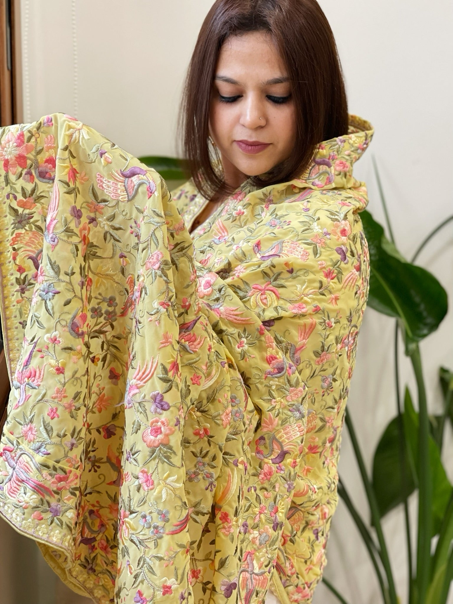 Yellow Parsi Gara Embroidery Dupatta in Georgette - Masakalee