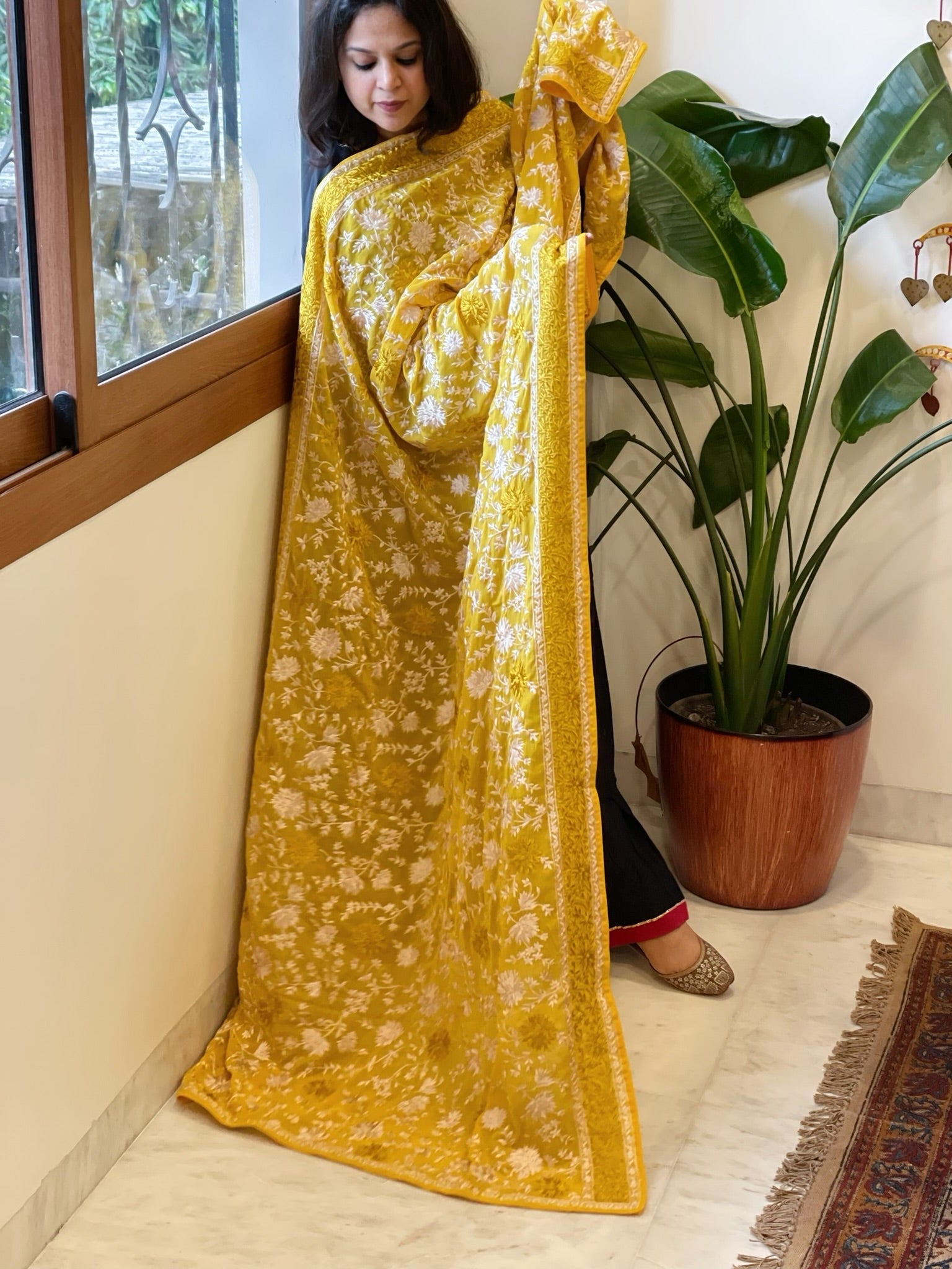 Yellow Parsi Gara Embroidery Dupatta in Georgette - Masakalee