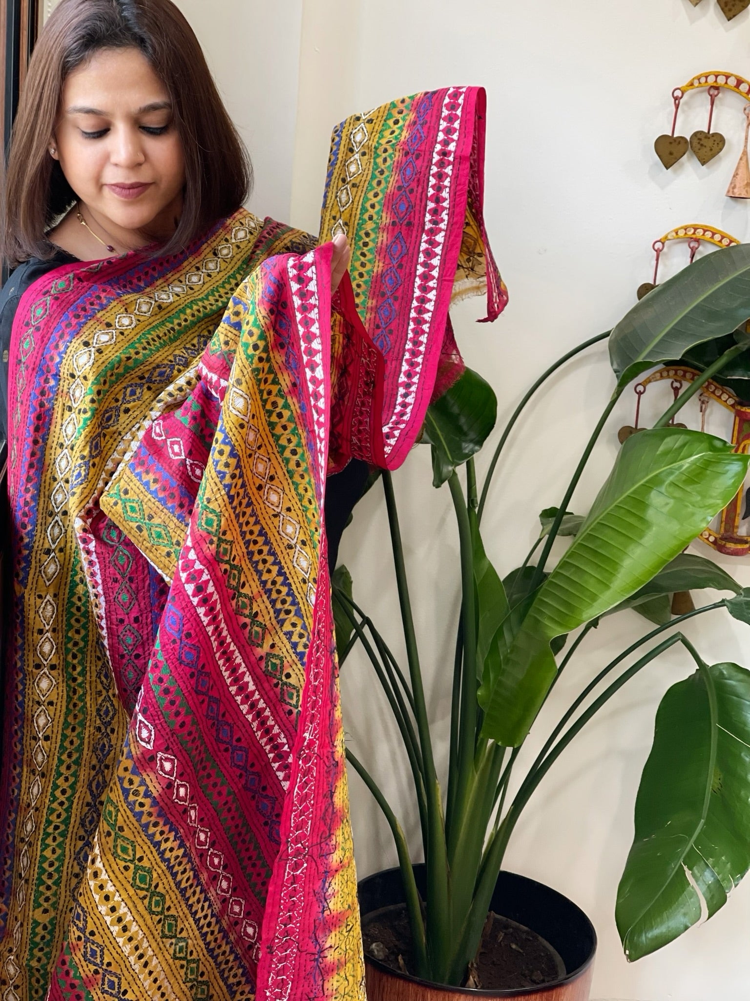 Yellow, Pink Handmade Kantha Dupatta in Silk - Masakalee