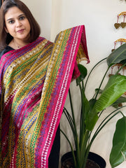 Yellow, Pink Handmade Kantha Dupatta in Silk - Masakalee