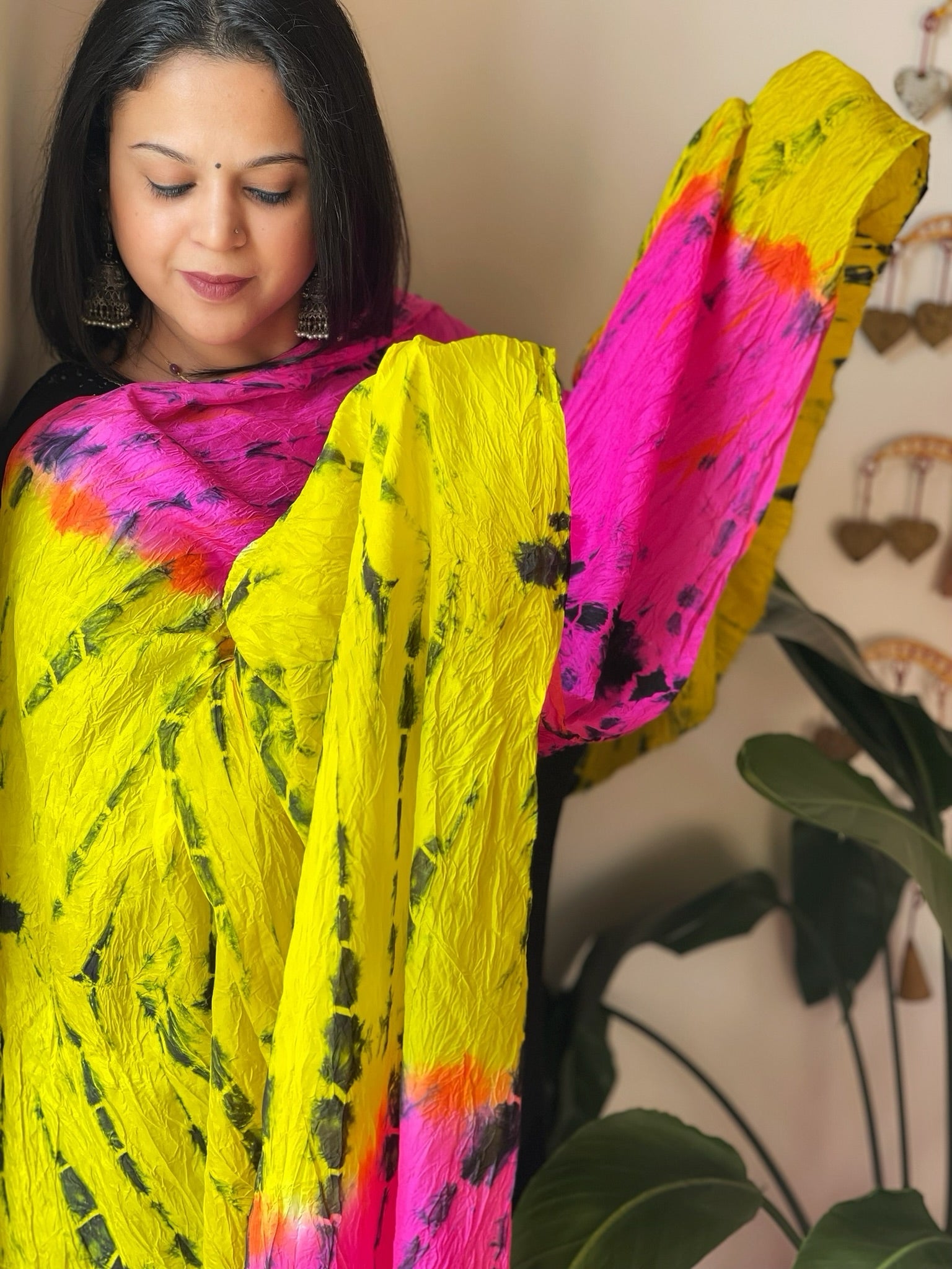 Yellow, Pink Handmade Tie Dye Dupatta in Mulberry Silk - Masakalee