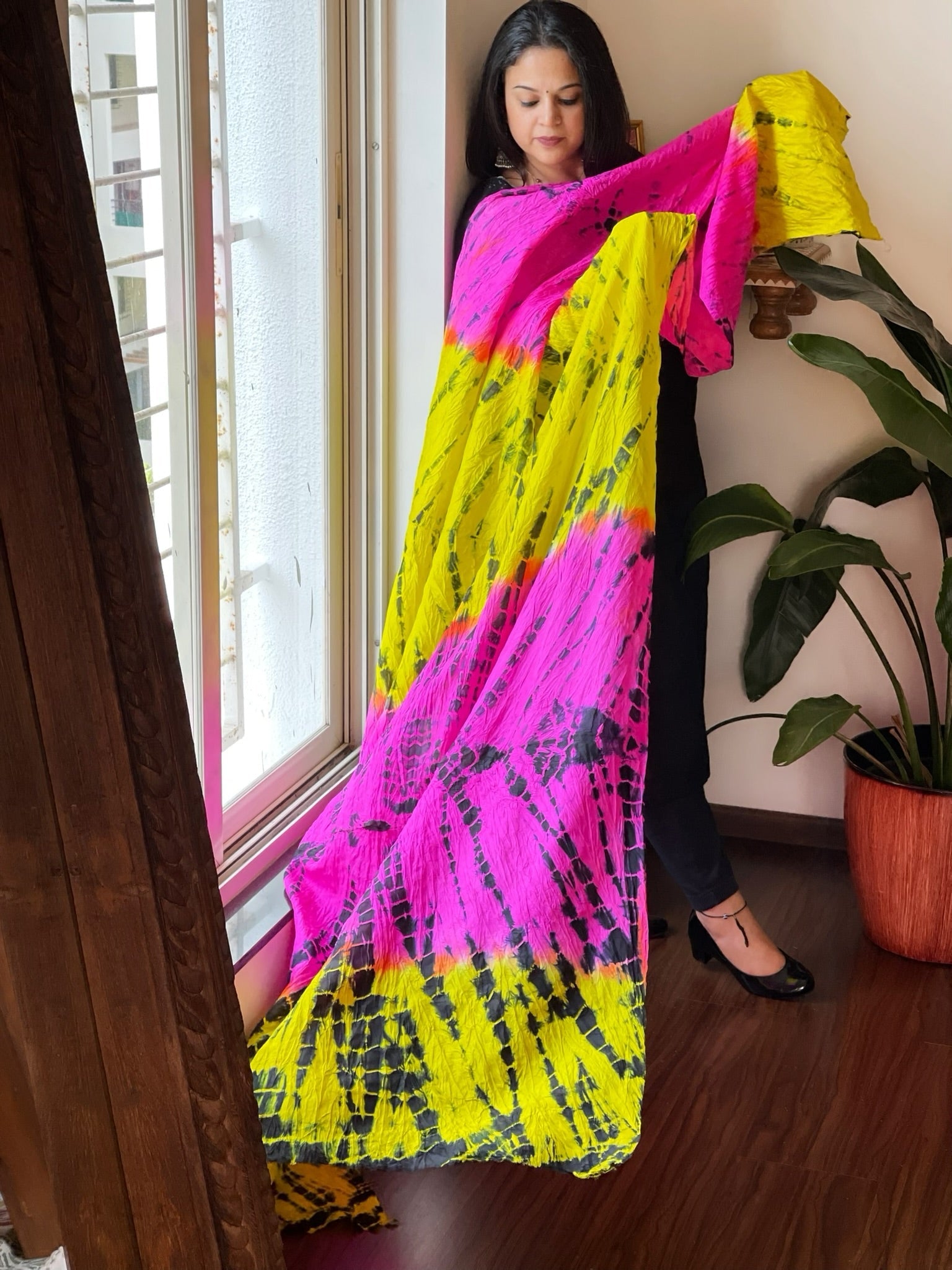 Yellow, Pink Handmade Tie Dye Dupatta in Mulberry Silk - Masakalee