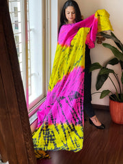 Yellow, Pink Handmade Tie Dye Dupatta in Mulberry Silk - Masakalee