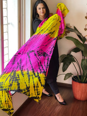 Yellow, Pink Handmade Tie Dye Dupatta in Mulberry Silk - Masakalee