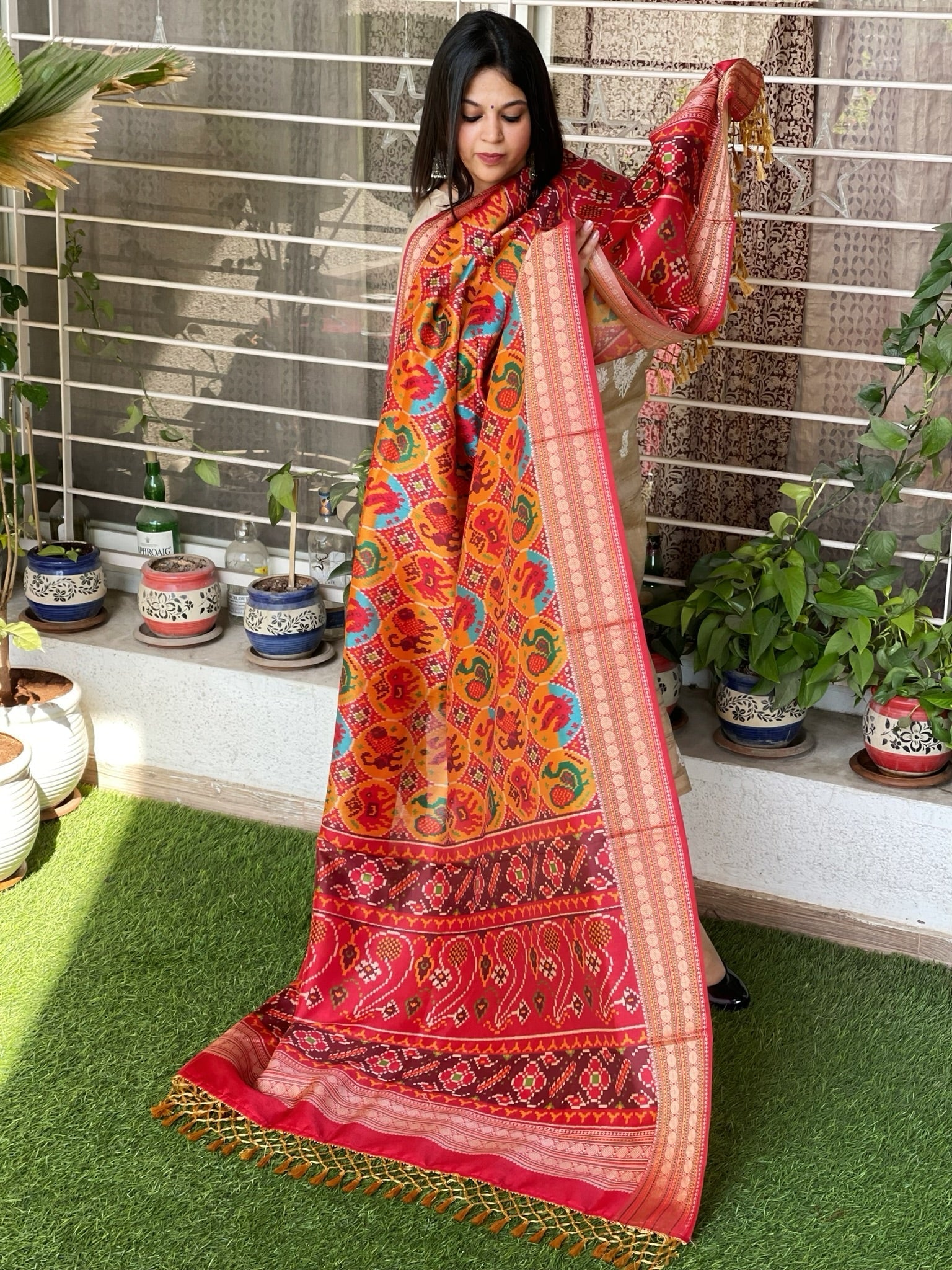 Yellow Printed Patola Dupatta in Fine Art Silk - Masakalee