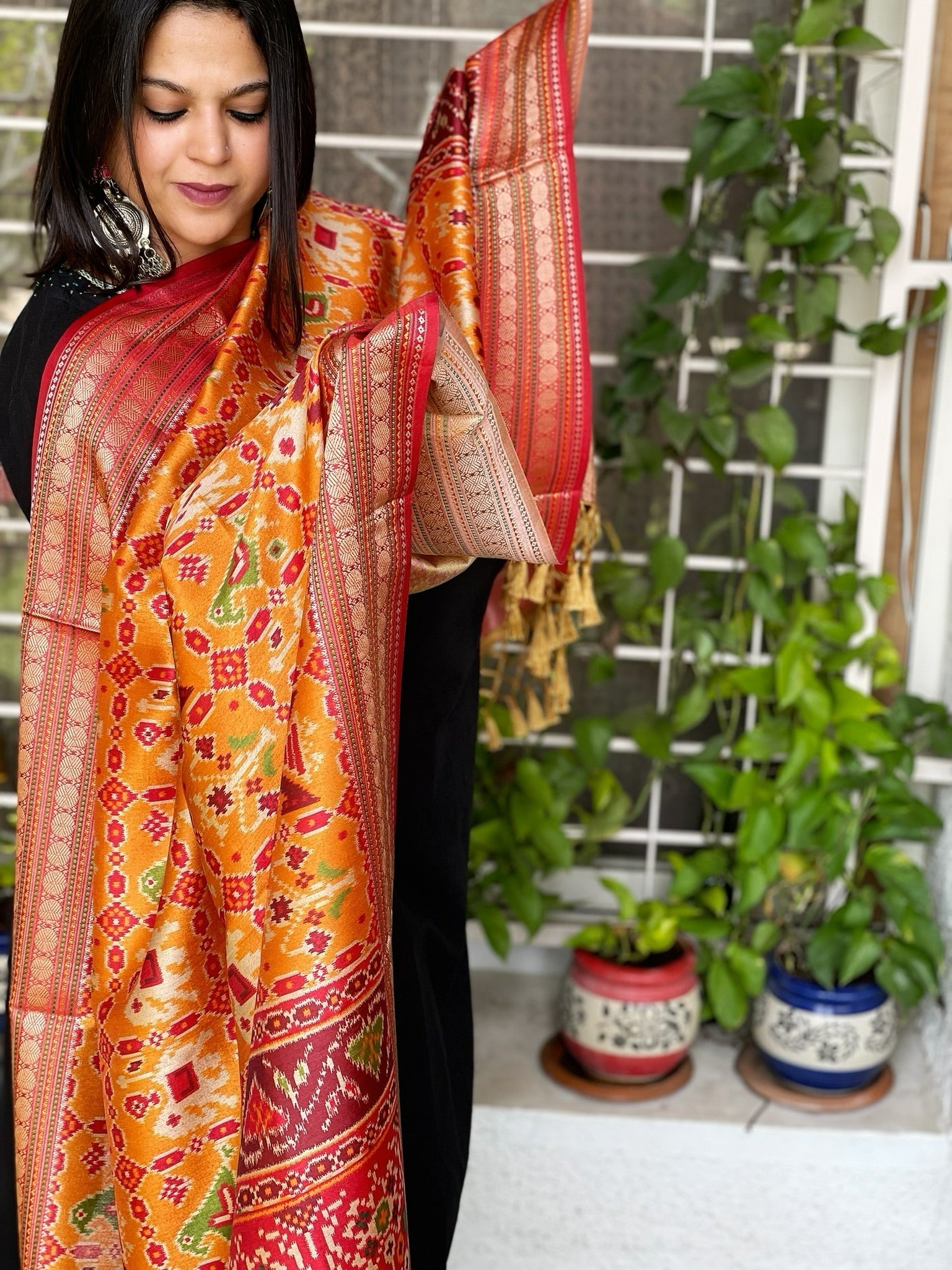 Yellow Printed Patola Dupatta in Fine Art Silk - Masakalee