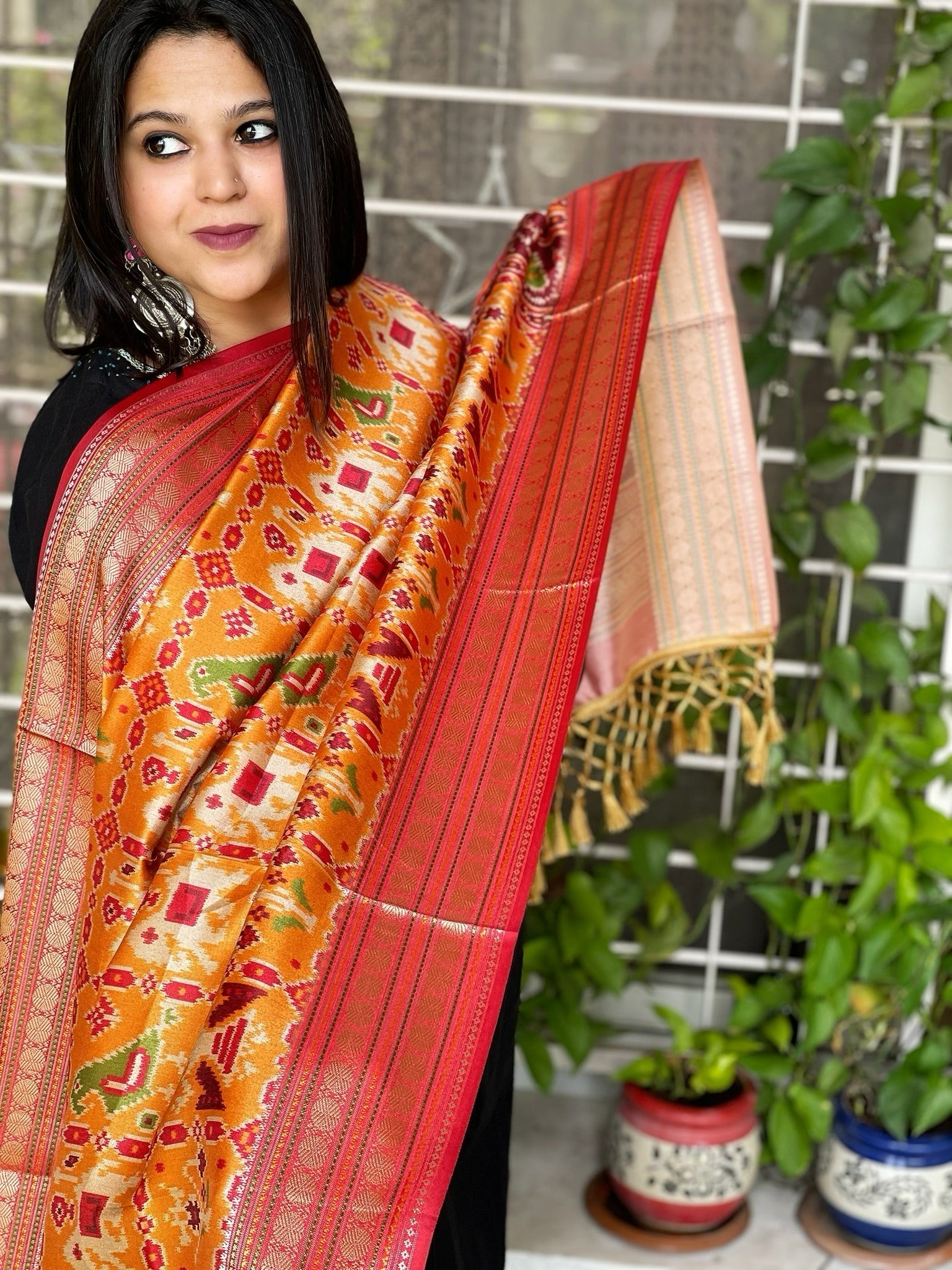 Yellow Printed Patola Dupatta in Fine Art Silk - Masakalee