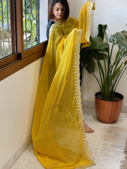 Yellow Printed Viscose Georgette Leheriya Dupatta with Gold Thread & Sequin Embroidered Border - Masakalee