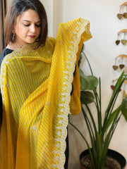 Yellow Printed Viscose Georgette Leheriya Dupatta with Gold Thread & Sequin Embroidered Border - Masakalee