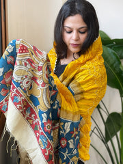 Yellow Rai Bandhej Dupatta with Handpainted Kalamkari Pallu in Pure Muga Silk - Masakalee