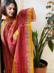 Yellow, Red Handmade Kantha Dupatta in Silk - Masakalee