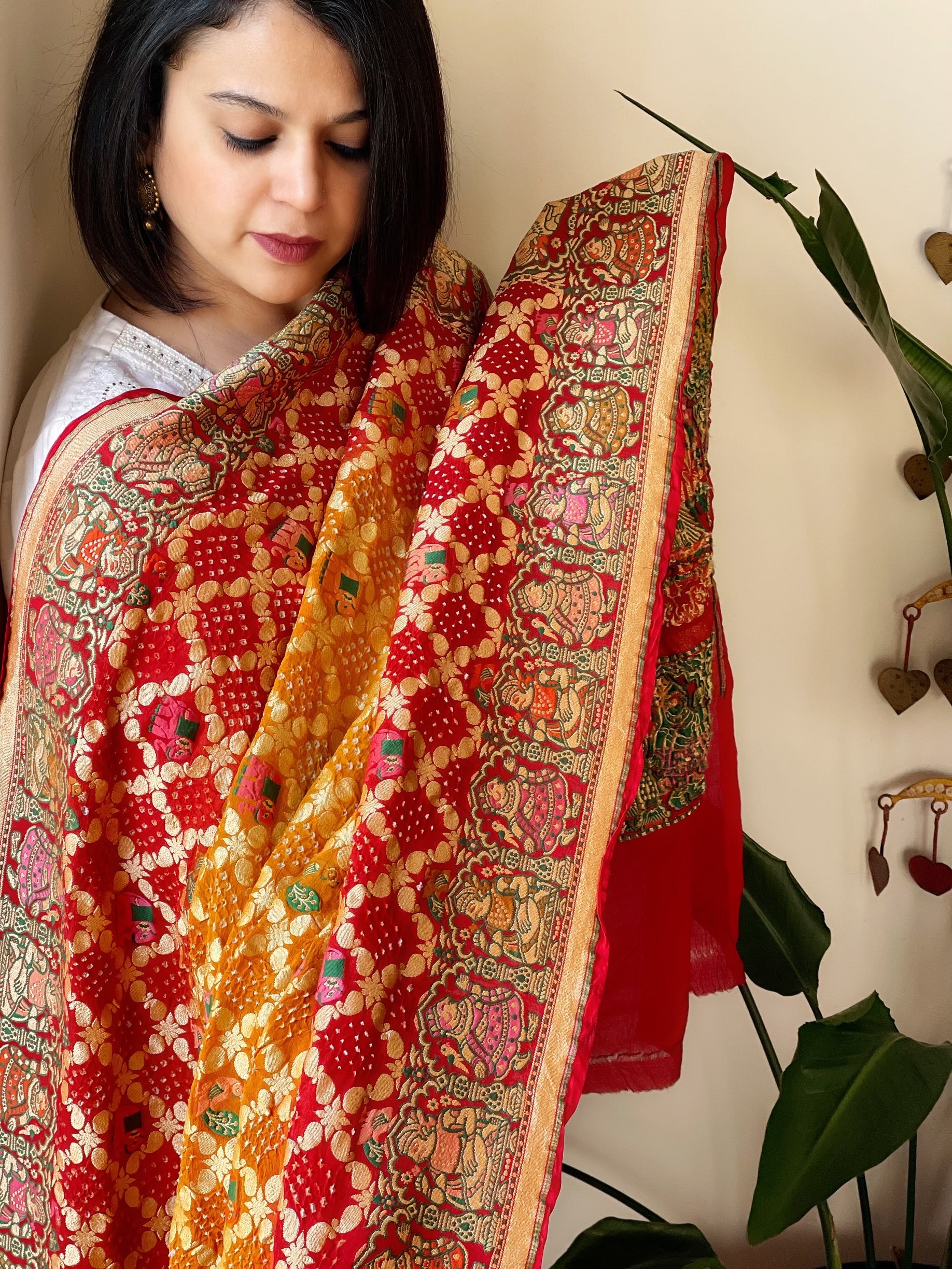 Yellow, Red Rai Bandhej Dupatta with Meenakari Jaal design in Georgette - Masakalee