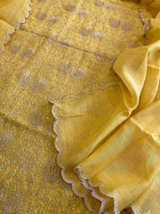 Yellow Suit Set with Gold Thread Embroidery in Pure Mul - Masakalee