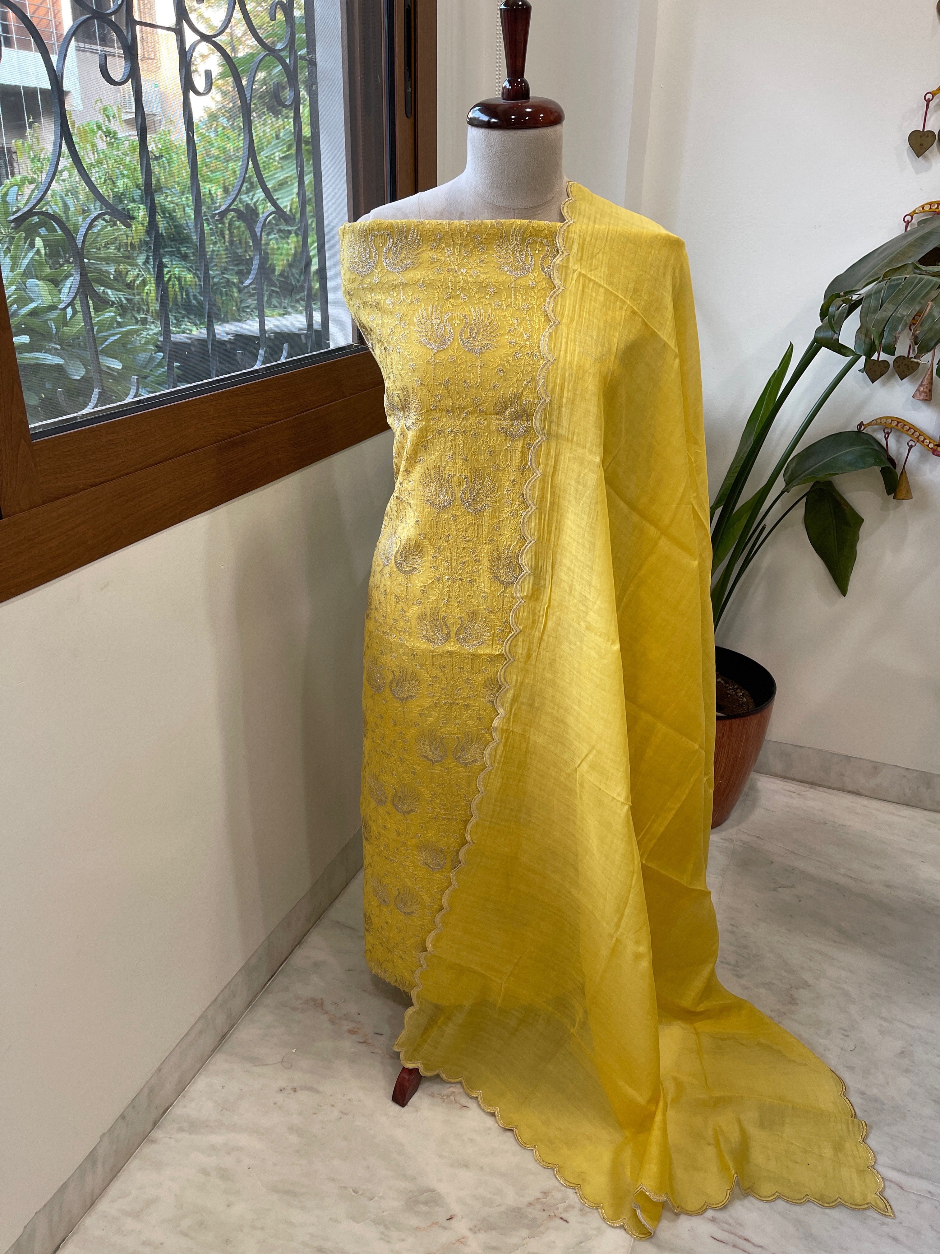 Yellow Suit Set with Gold Thread Embroidery in Pure Mul - Masakalee