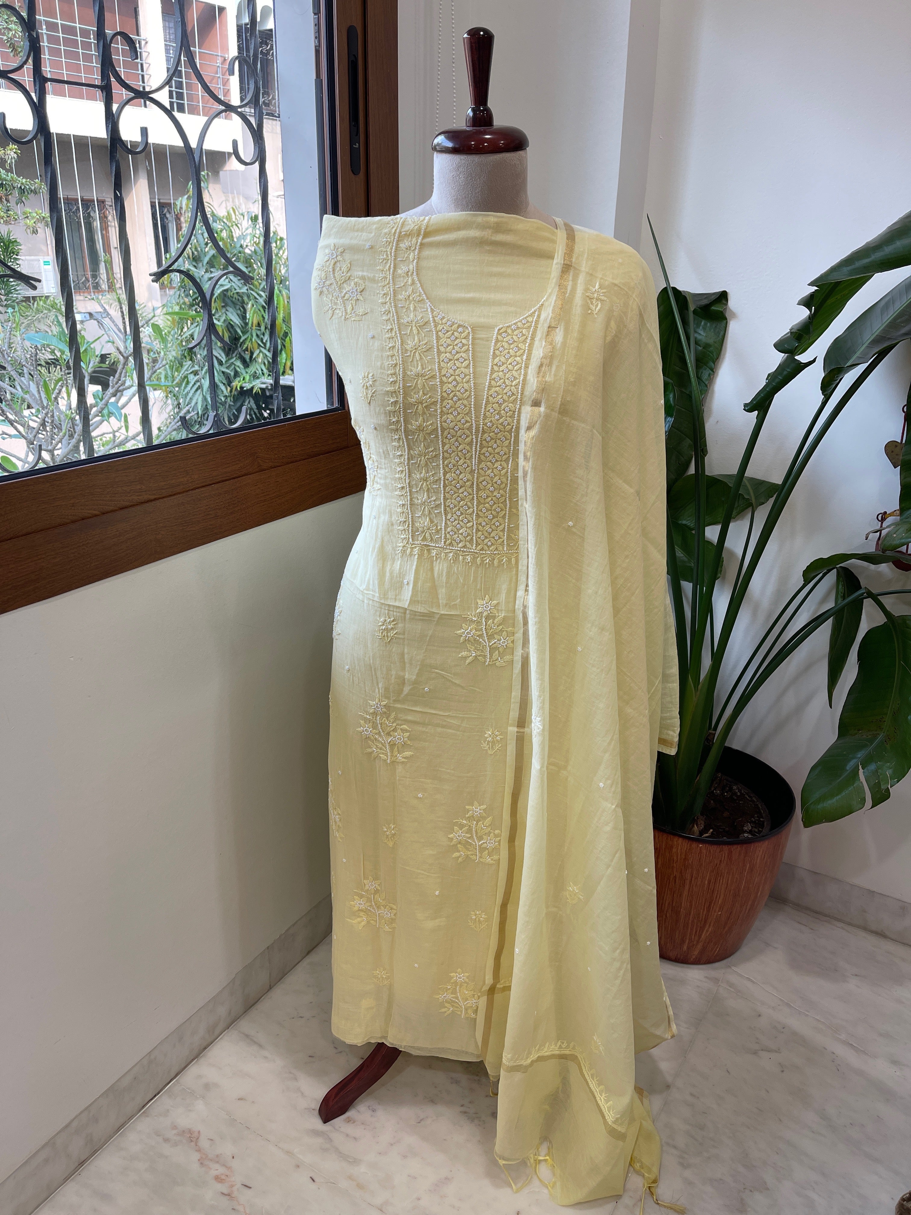 Yellow Suit Set with Lucknowi Handwork in Pure Mul Chanderi - Masakalee