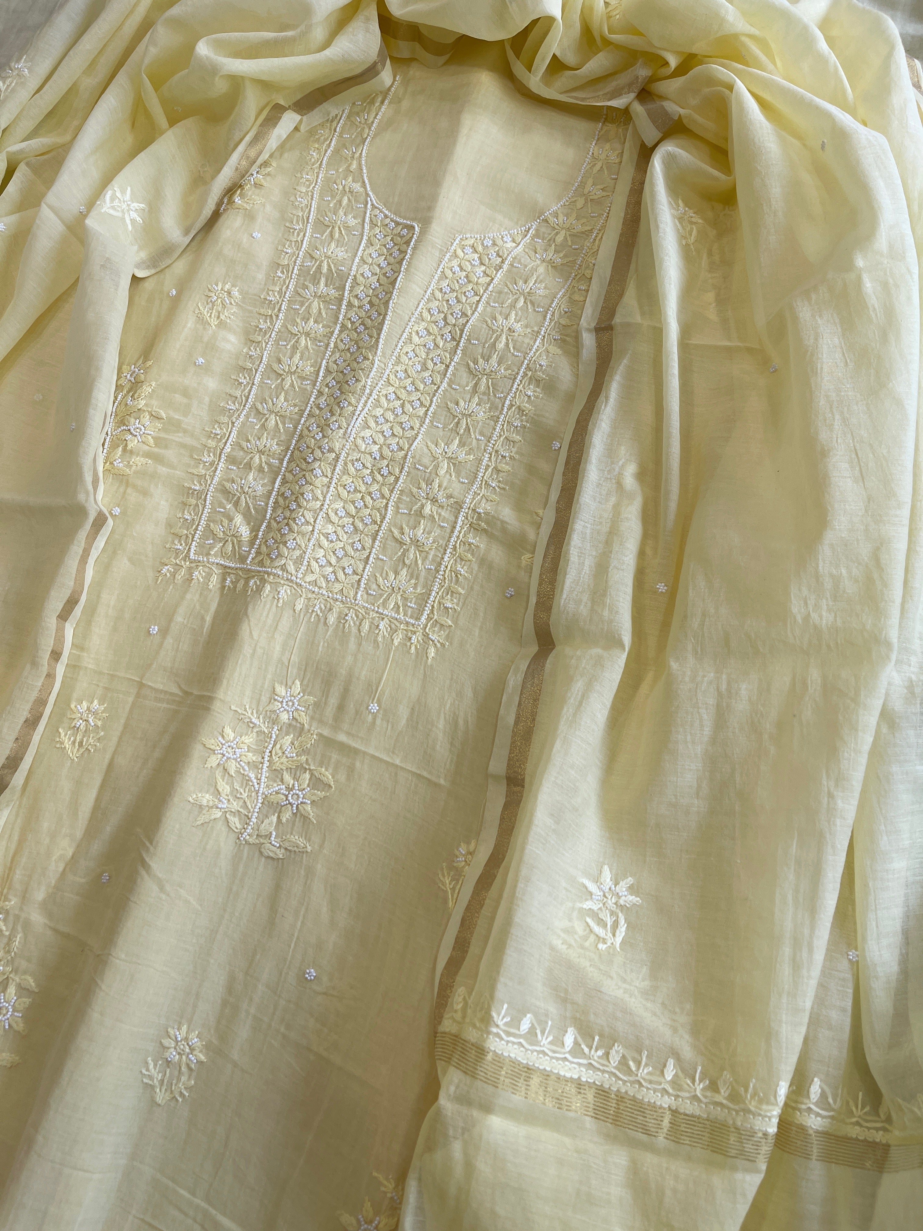 Yellow Suit Set with Lucknowi Handwork in Pure Mul Chanderi - Masakalee