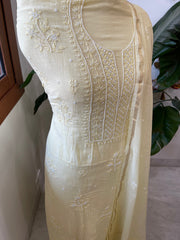 Yellow Suit Set with Lucknowi Handwork in Pure Mul Chanderi - Masakalee