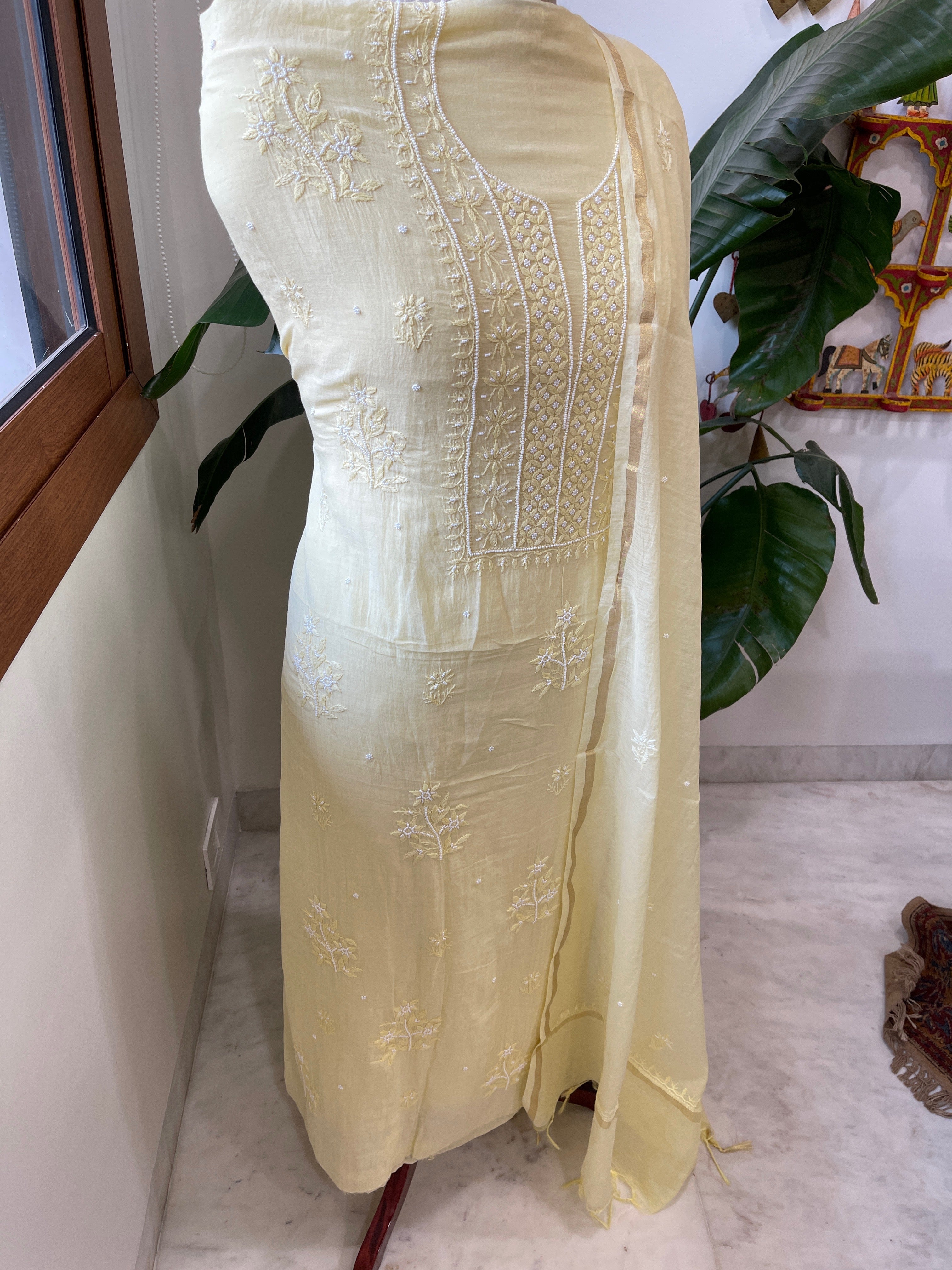 Yellow Suit Set with Lucknowi Handwork in Pure Mul Chanderi - Masakalee