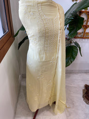 Yellow Suit Set with Lucknowi Handwork in Pure Mul Chanderi - Masakalee