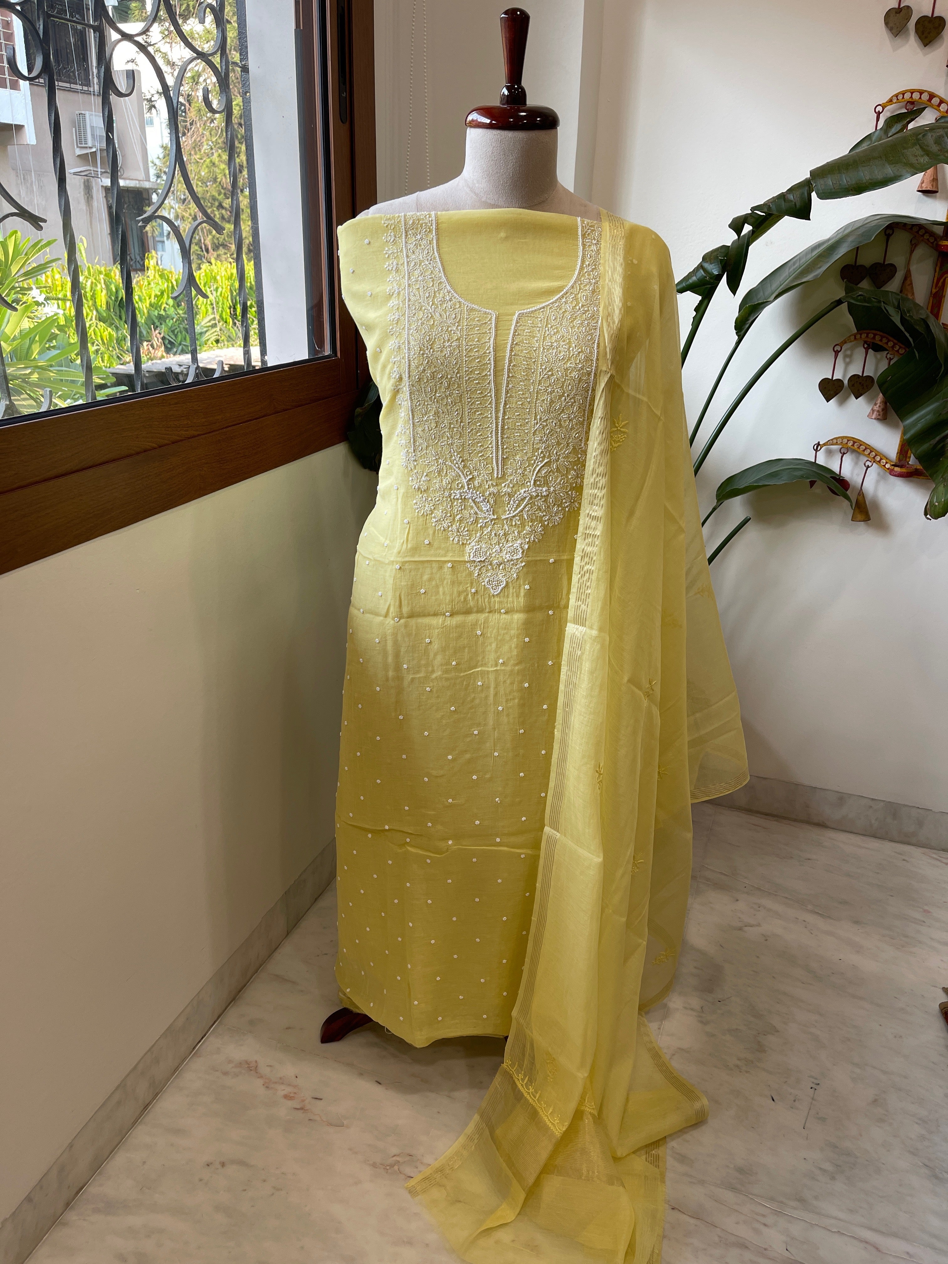 Yellow Suit Set with Lucknowi & Pearl Handwork in Pure Mul Cotton - Masakalee