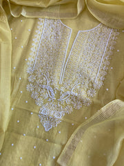 Yellow Suit Set with Lucknowi & Pearl Handwork in Pure Mul Cotton - Masakalee