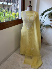 Yellow Suit Set with Lucknowi & Pearl Handwork in Pure Mul Cotton - Masakalee