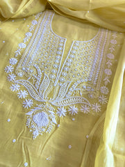 Yellow Suit Set with Lucknowi & Pearl Handwork in Pure Mul Cotton - Masakalee