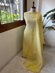 Yellow Suit Set with Lucknowi & Pearl Handwork in Pure Mul Cotton - Masakalee