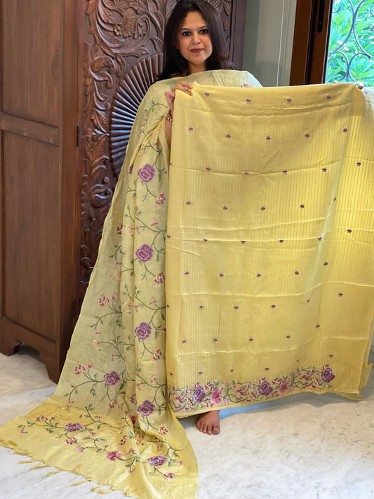 Yellow Suit Set with Parsi Gara Embroidery in Pure Tussar Silk - Masakalee