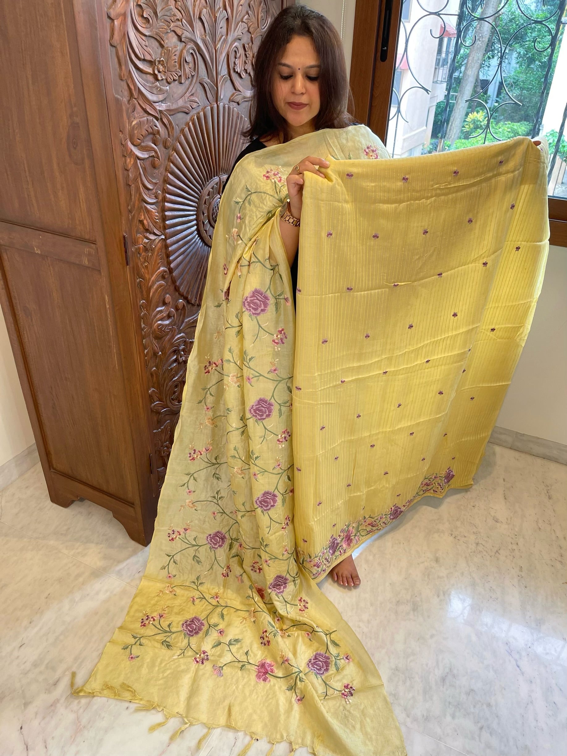 Yellow Suit Set with Parsi Gara Embroidery in Pure Tussar Silk - Masakalee
