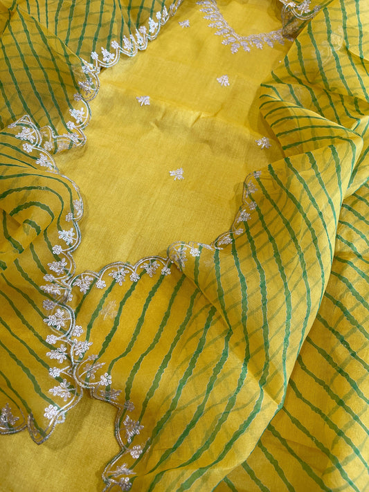 Yellow Suit Set with Pitta Work in Pure Tussar Silk - Masakalee