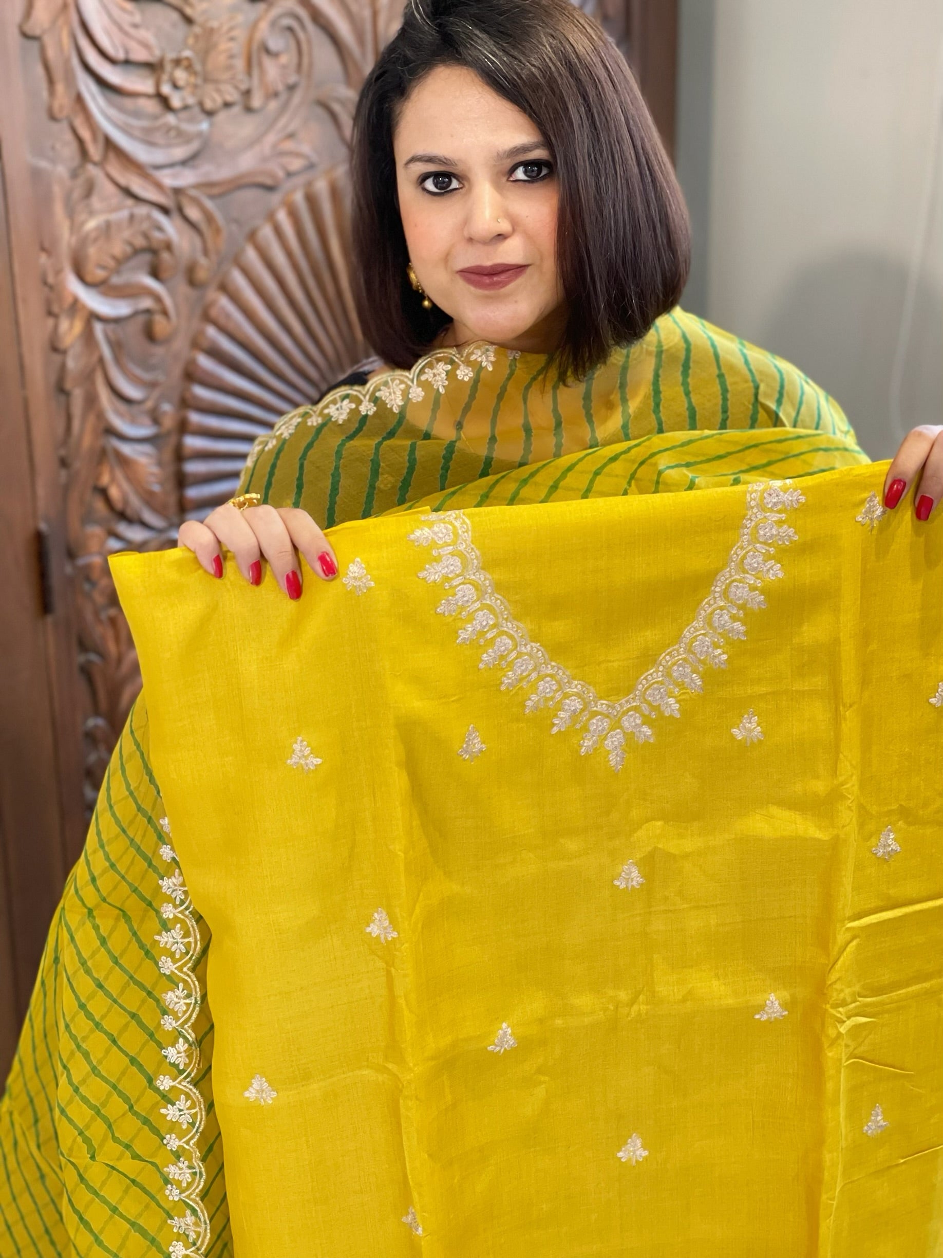 Yellow Suit Set with Pitta Work in Pure Tussar Silk - Masakalee