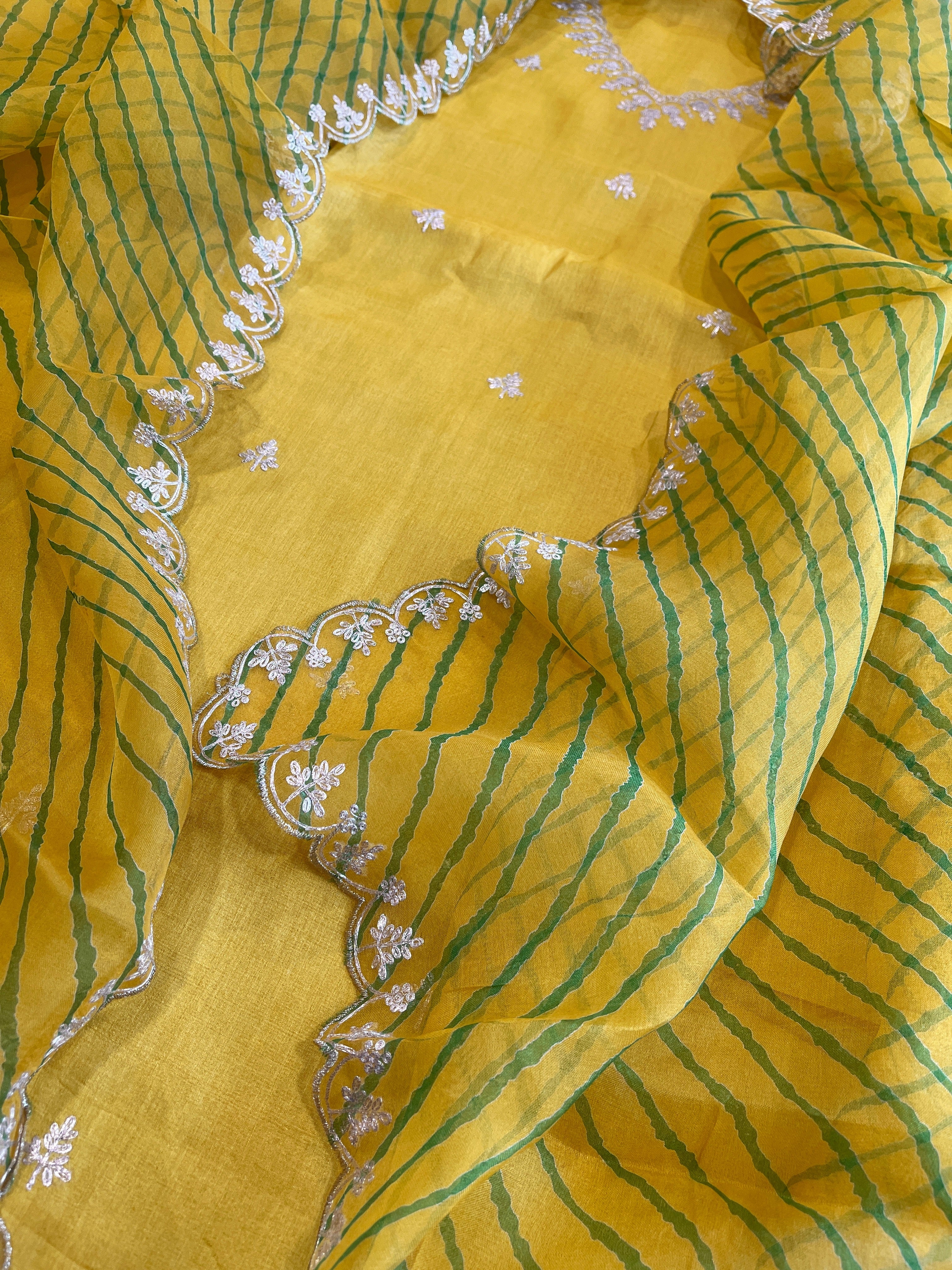 Yellow Suit Set with Pitta Work in Pure Tussar Silk - Masakalee