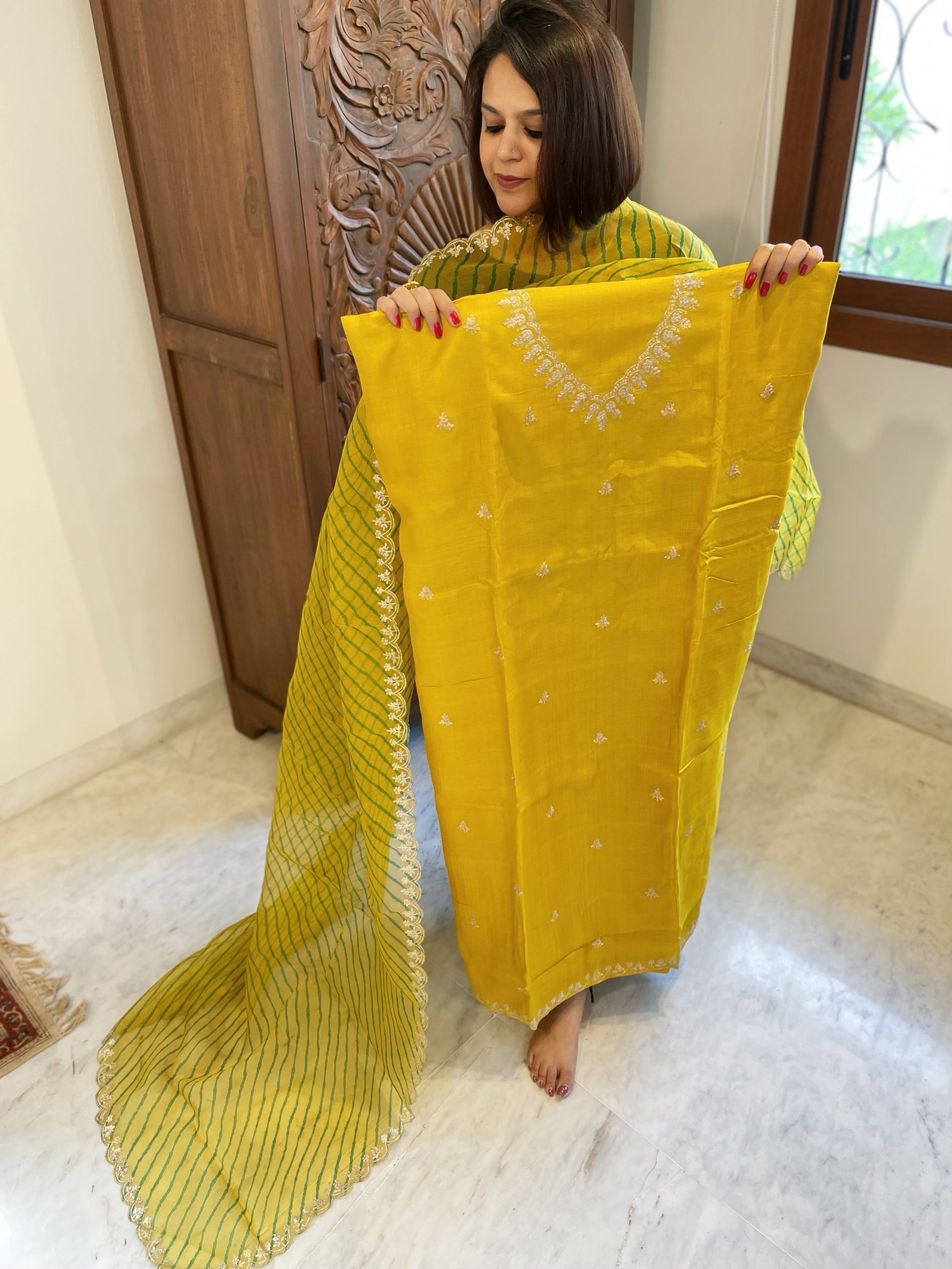 Yellow Suit Set with Pitta Work in Pure Tussar Silk - Masakalee