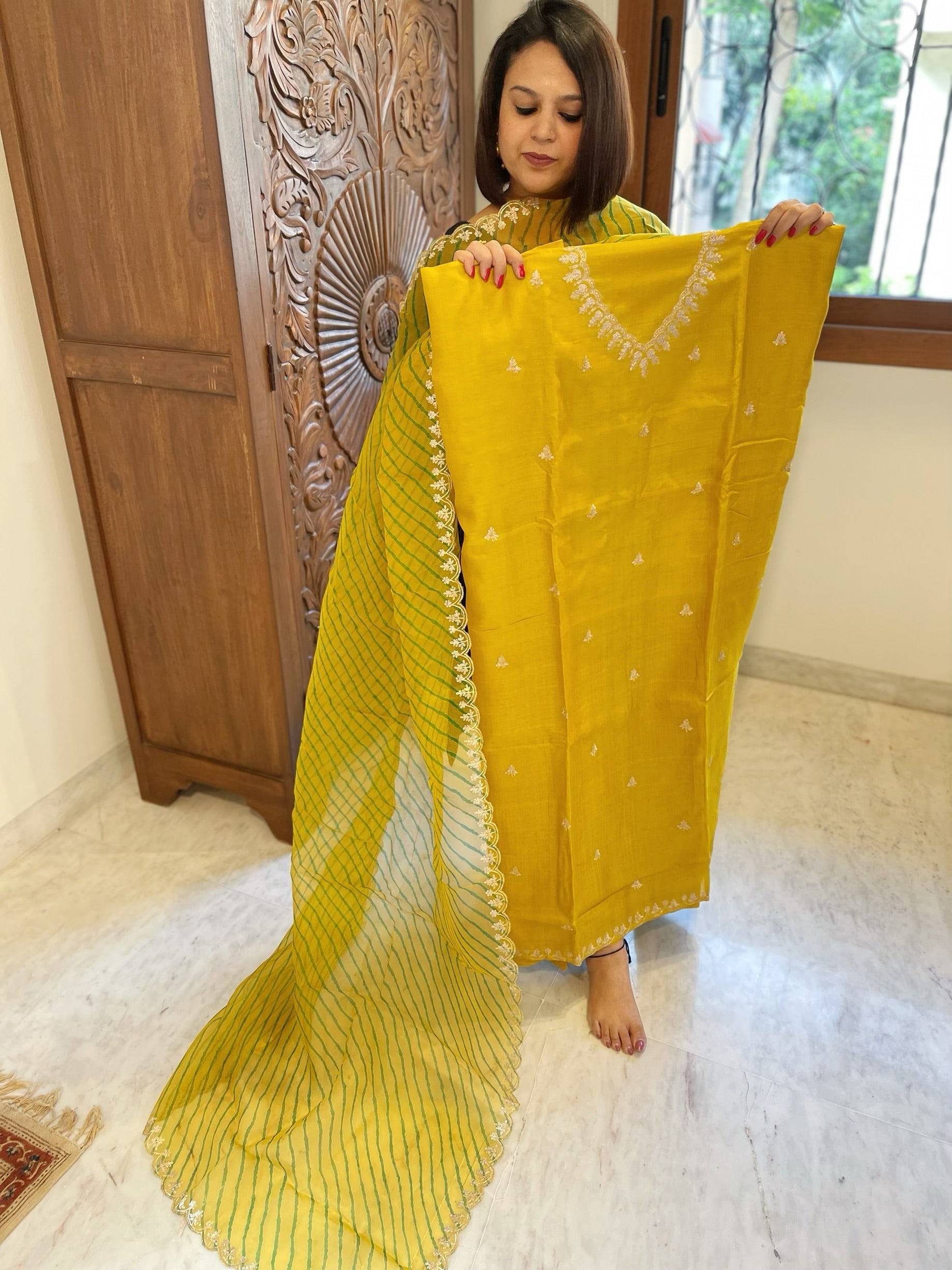 Yellow Suit Set with Pitta Work in Pure Tussar Silk - Masakalee