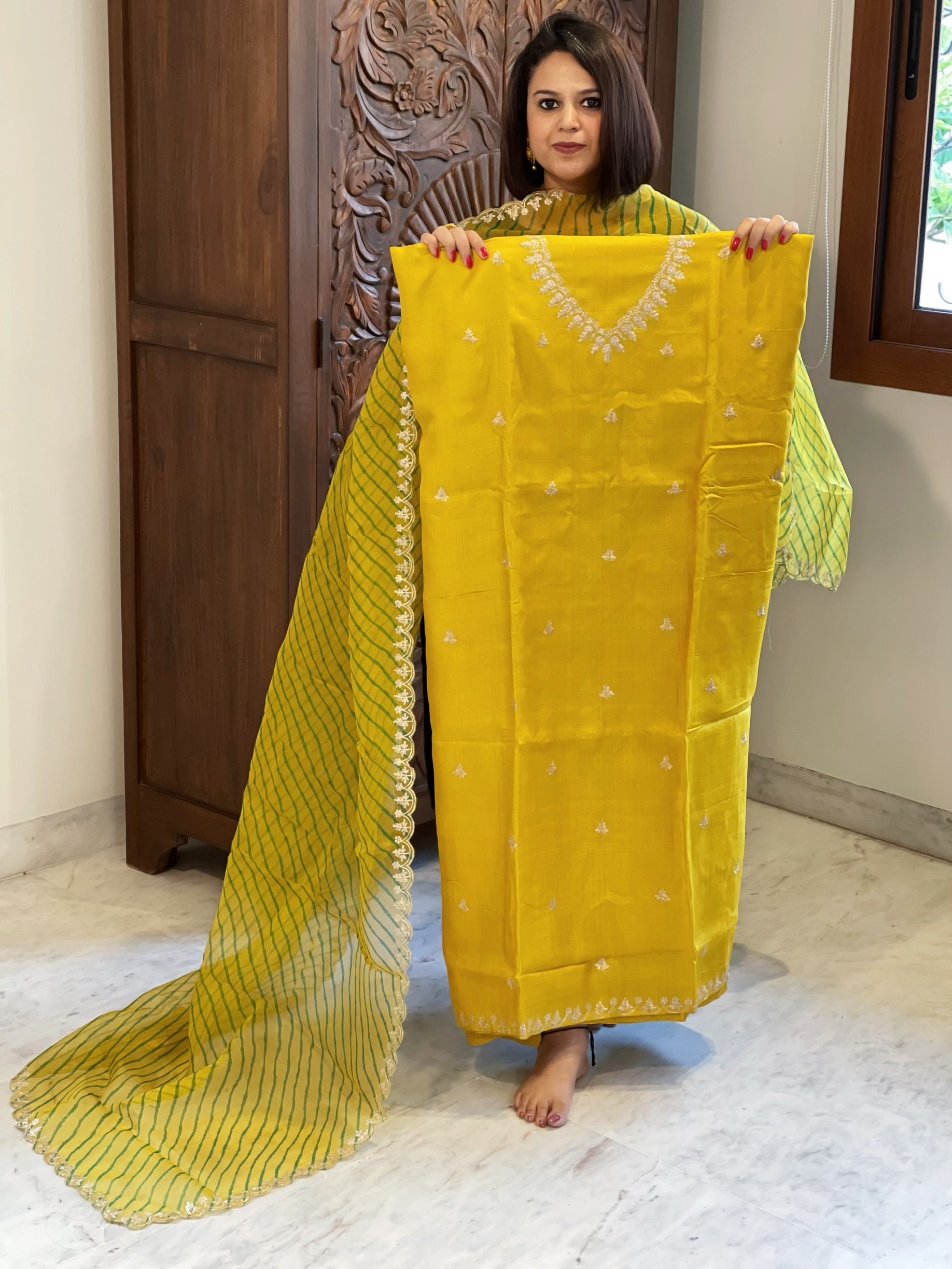 Yellow Suit Set with Pitta Work in Pure Tussar Silk - Masakalee