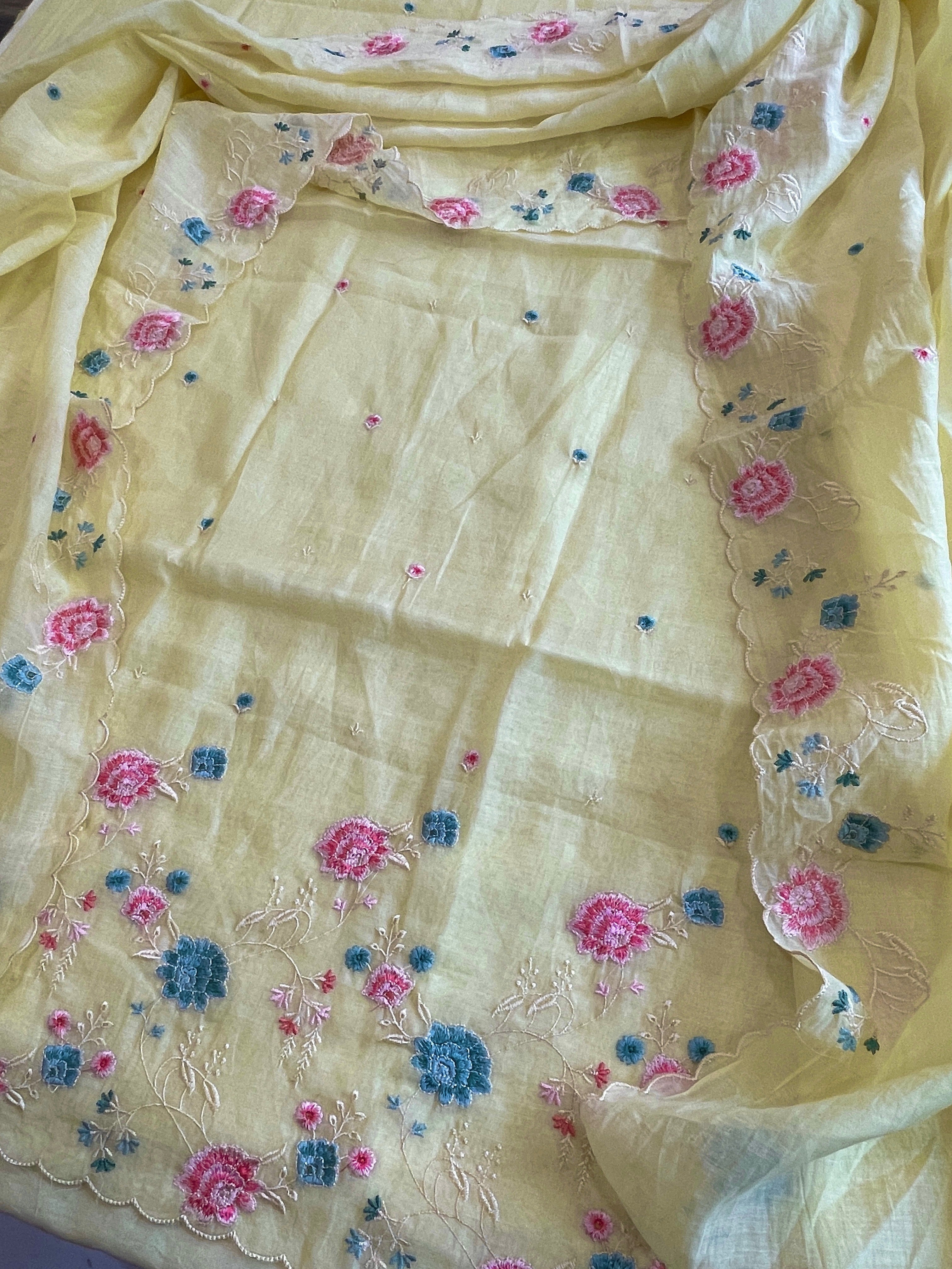 Yellow Suit Set with Thread Embroidery in Mul Chanderi - Masakalee