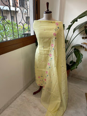 Yellow Suit Set with Thread Embroidery in Mul Chanderi - Masakalee