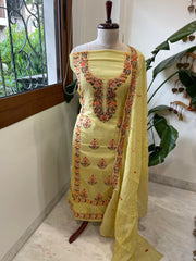 Yellow Suit Set with Thread Embroidery in Mul Chanderi - Masakalee