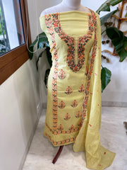 Yellow Suit Set with Thread Embroidery in Mul Chanderi - Masakalee