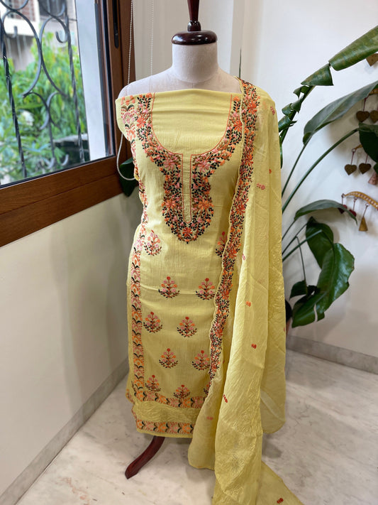 Yellow Suit Set with Thread Embroidery in Mul Chanderi - Masakalee