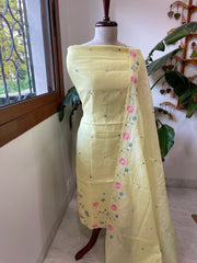 Yellow Suit Set with Thread Embroidery in Mul Chanderi - Masakalee