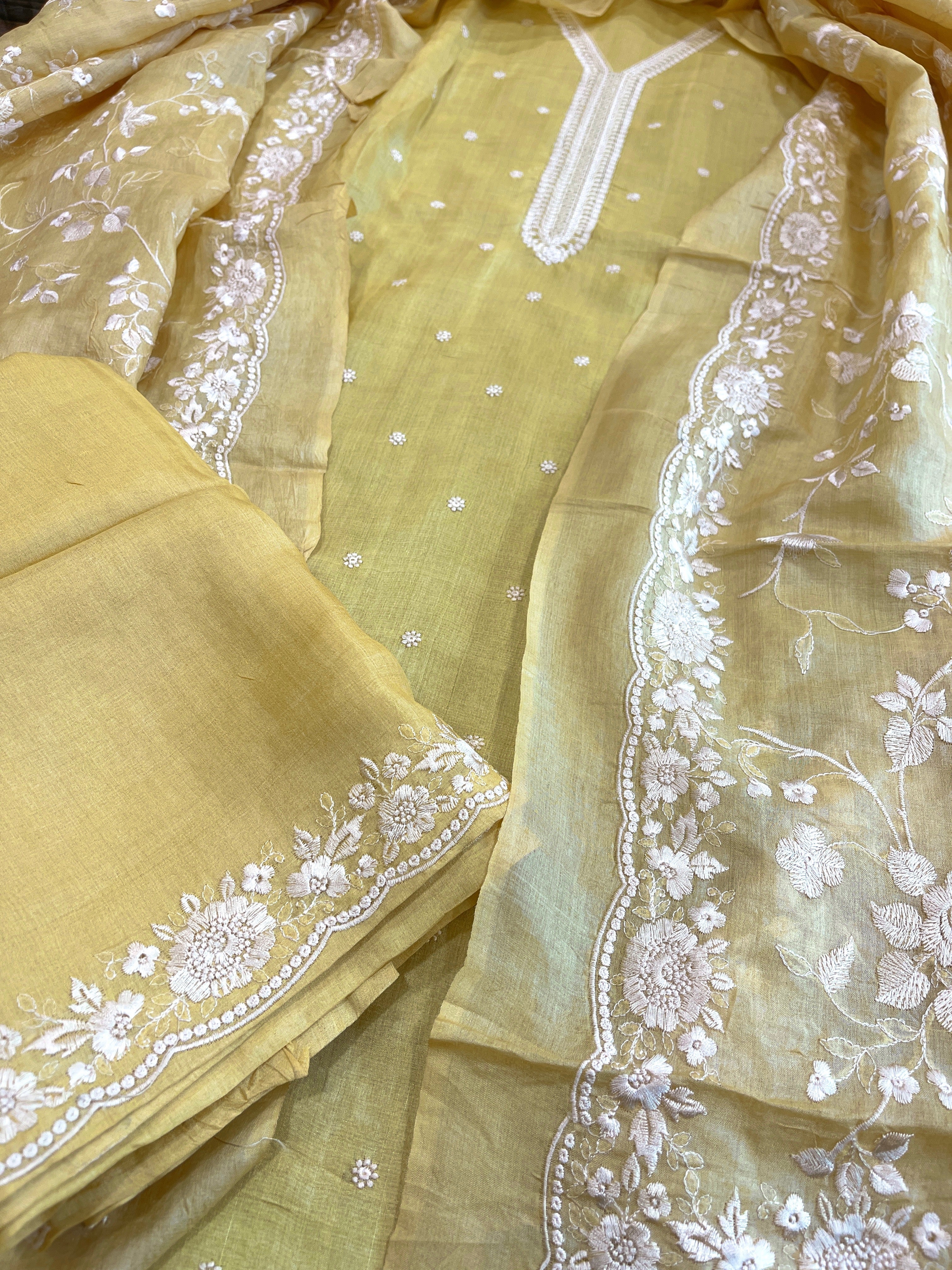 Yellow Suit Set with Thread Embroidery in Pure Tussar Silk - Masakalee