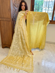 Yellow Suit Set with Thread Embroidery in Pure Tussar Silk - Masakalee