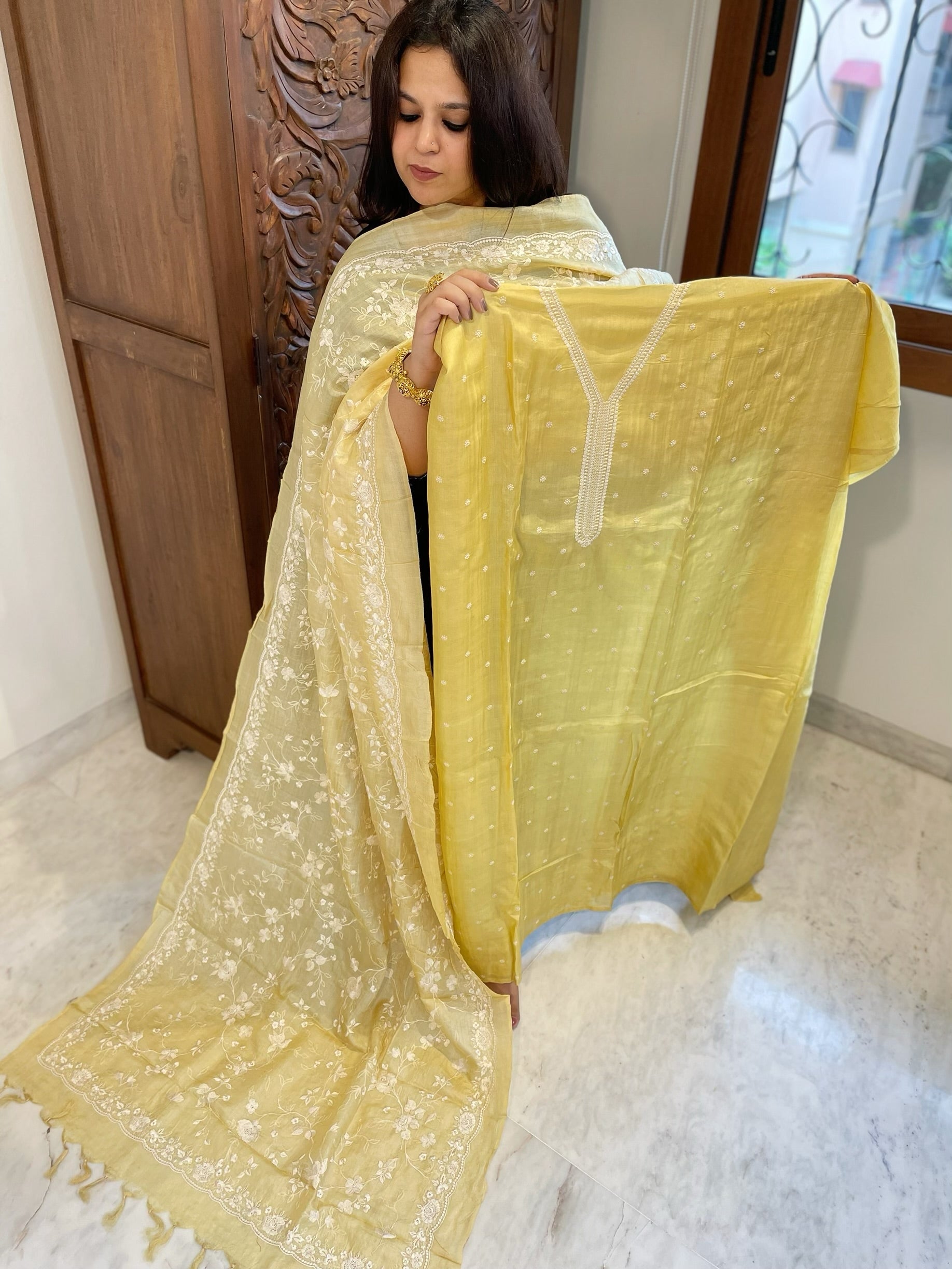 Yellow Suit Set with Thread Embroidery in Pure Tussar Silk - Masakalee