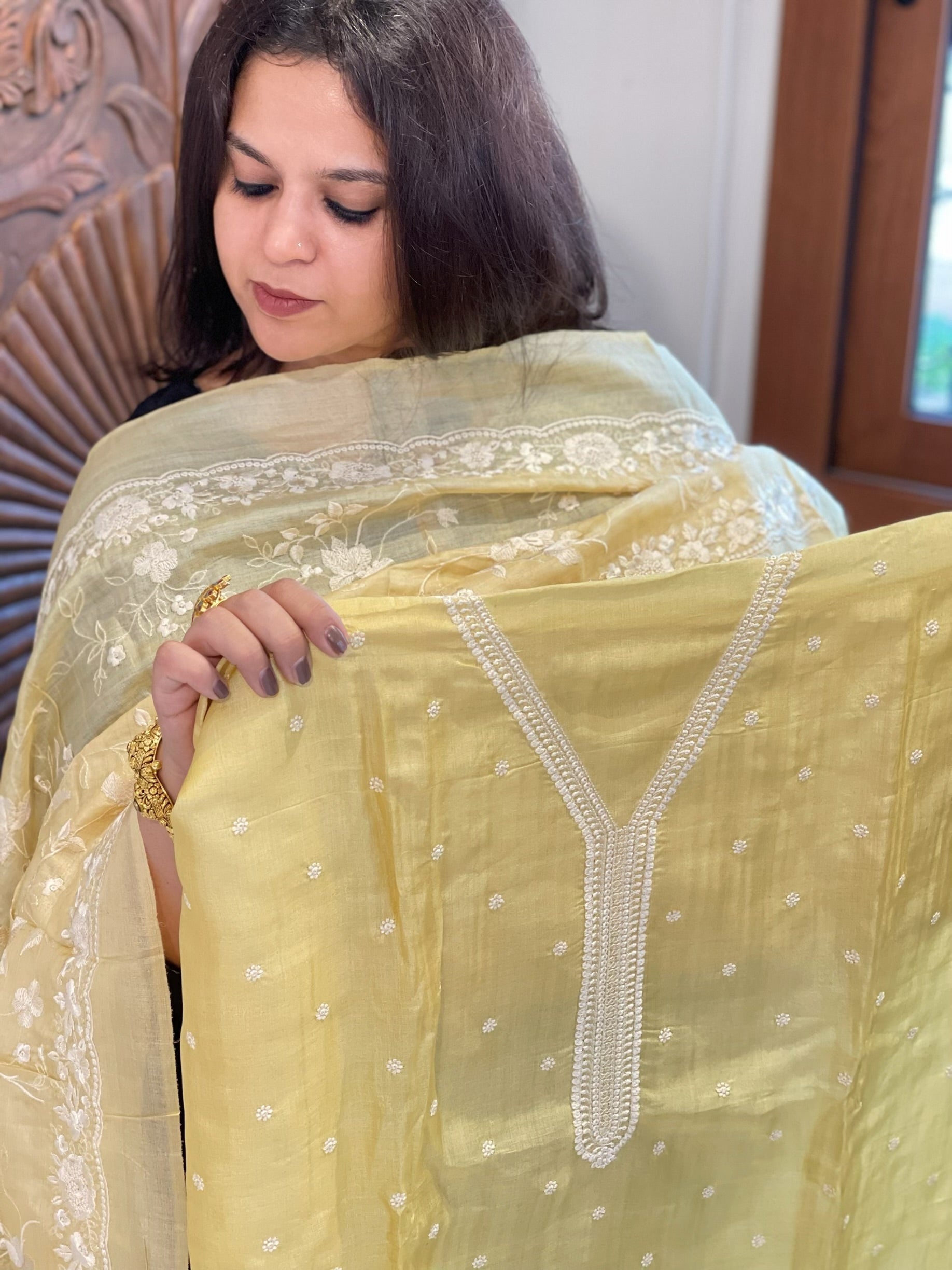 Yellow Suit Set with Thread Embroidery in Pure Tussar Silk - Masakalee